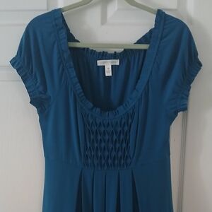 London Times Teal Blue Pleated Dress with Smocked Yoke